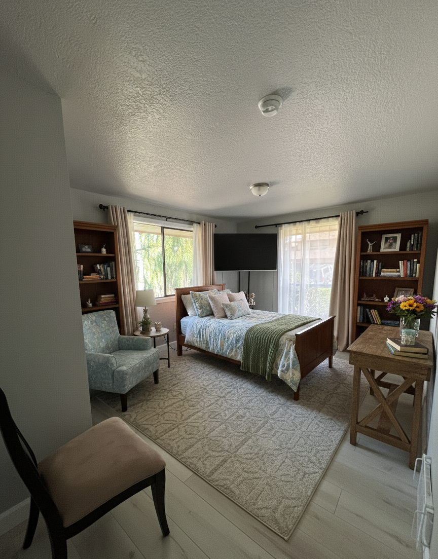 Spacious private bedroom with natural light